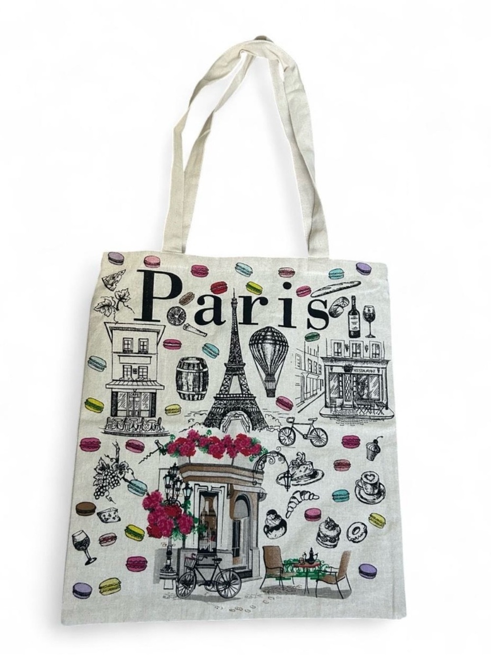 NWOT Paris themed 100% cotton tote bag with colorful macarons.